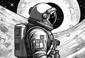 an astronaut hunched over in space from the back holding a planet in his hands tattoo idea