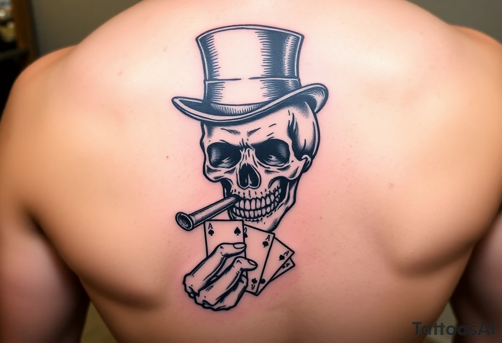 a skull with mustache,top-hat, cigar in his mouth and playing cards in a hand. tattoo idea