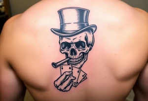 a skull with mustache,top-hat, cigar in his mouth and playing cards in a hand. tattoo idea