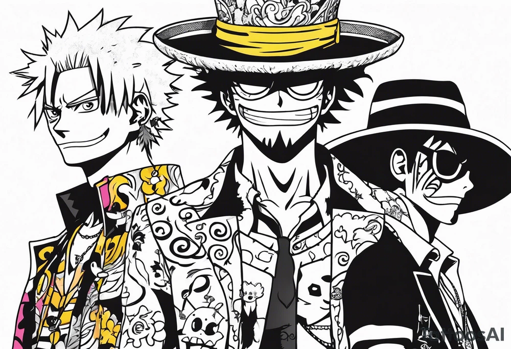 draw me a not so big tattoo with the distinctive signs of these one piece characters: Doflamingo, Luffy and Trafalgar Law tattoo idea