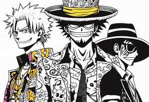 draw me a not so big tattoo with the distinctive signs of these one piece characters: Doflamingo, Luffy and Trafalgar Law tattoo idea