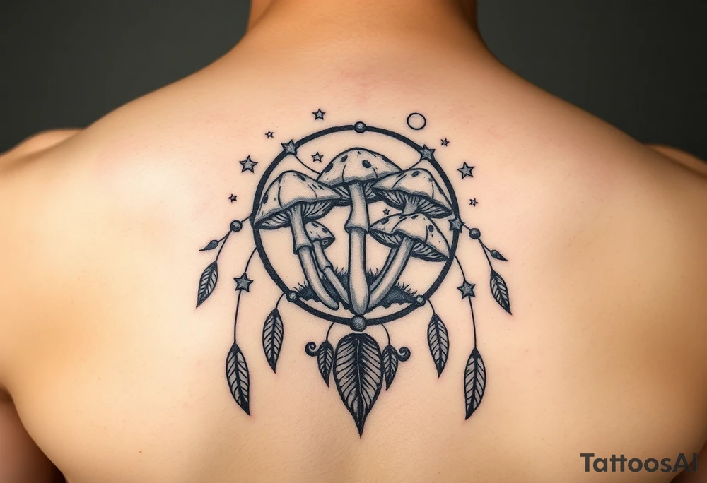 Psychedelic mushrooms inside a dreamcatcher with stars and the moon tattoo idea