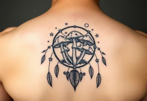 Psychedelic mushrooms inside a dreamcatcher with stars and the moon tattoo idea