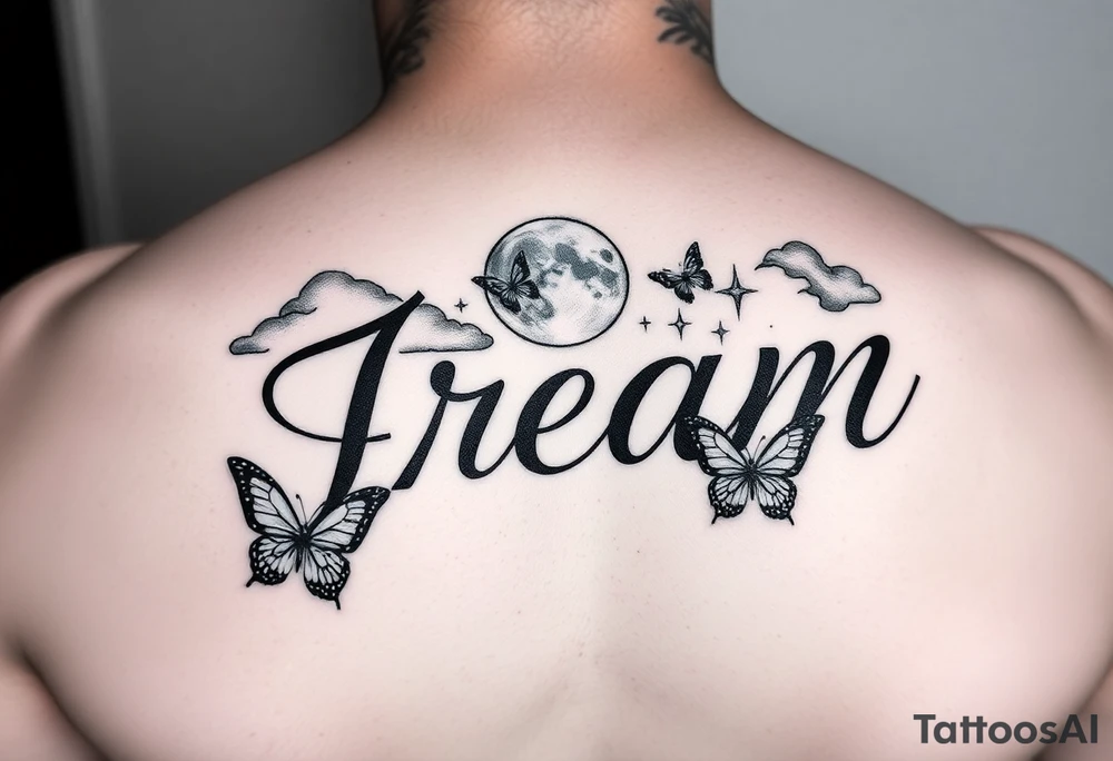 The name Jream in cursive with shaded clouds, a moon and butterfly’s with stars tattoo idea