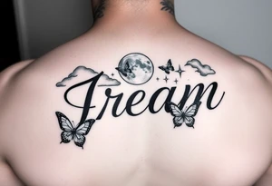 The name Jream in cursive with shaded clouds, a moon and butterfly’s with stars tattoo idea