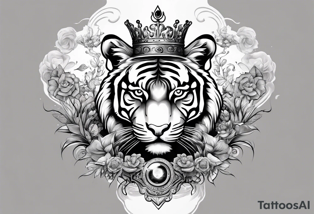 A tiger with a crown on the top with a third eye hourglass with a brain inside of the hourglass, covered in clouds, on the bottom of the hourglass, a heart covered in grass, a full detailed arm sleeve tattoo idea