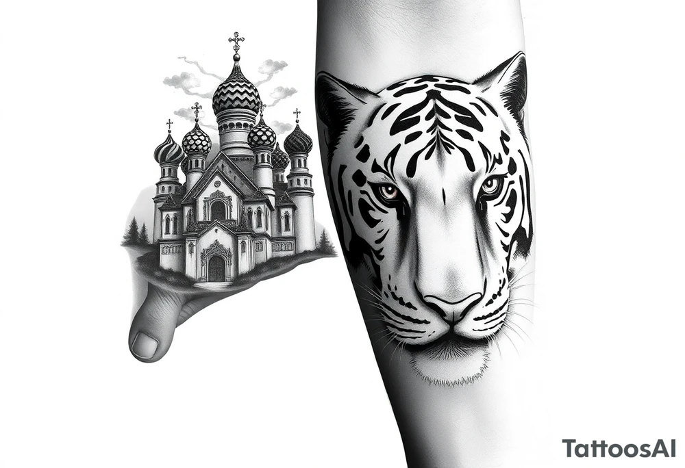 Realistic white tiger face on the back of the hand with strong contrast and fine detail with its eyes completely black. with a highly detailed Russian Orthodox cathedral sitting above on fore arm with onion domes and orthodox crosses, done in fine line, engraving-like style. Cohesive composition, black ink only, no color, high contrast, slightly aged, documentary-style, plain light background. with clouds above and a virgin mary 
spanning from my hand to lower fore arm tattoo idea