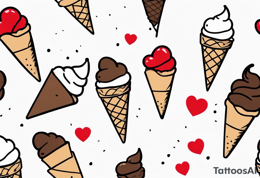 chocolate chip ice cream cone with one red heart tattoo idea