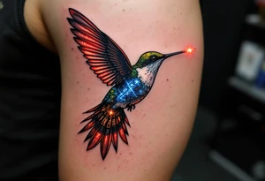 A hummingbird leaving a trail of glowing hieroglyphs as it flies(only red, blue and black are possible colors) tattoo idea