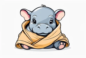 Baby hippopotamus sitting wrapped in a swaddle tattoo idea