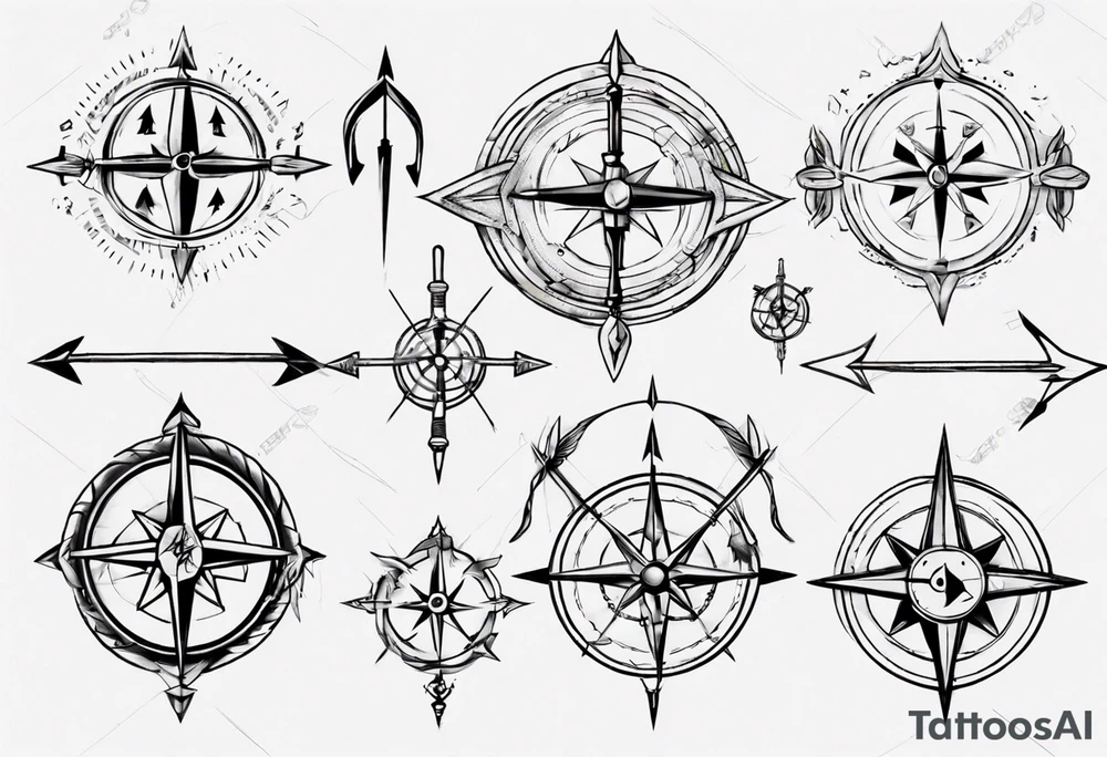 bow arrow with compass in the middle tattoo idea