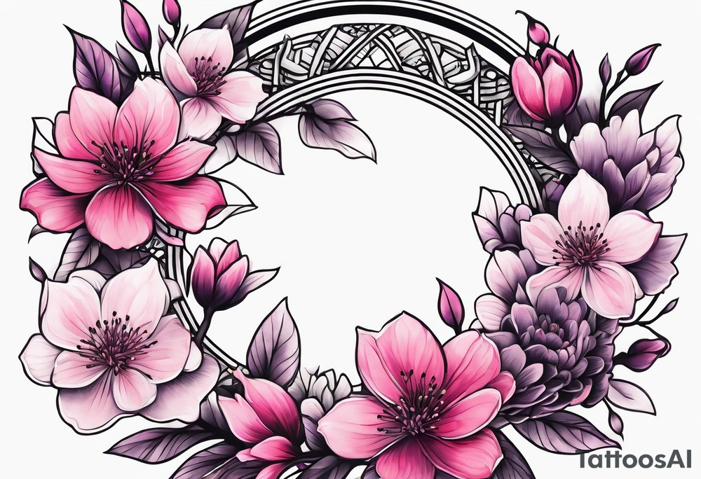 Flower wreath cherry blossoms pinks and purples tattoo idea Flower wreath cherry blossoms pinks and purples tattoo idea