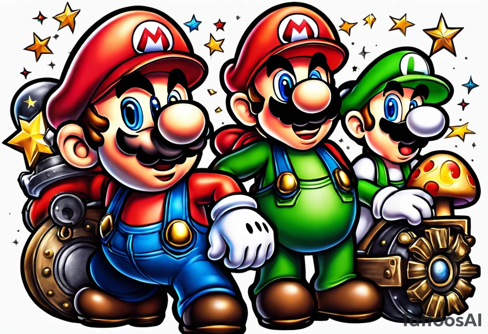 Mario and Luigi big muscles with toadstool and cannons and bombs stars tattoo idea
