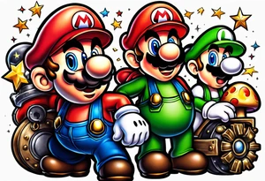 Mario and Luigi big muscles with toadstool and cannons and bombs stars tattoo idea