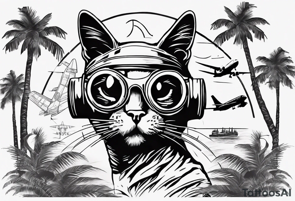cat in a mask with palm trees and airplanes in the background tattoo idea