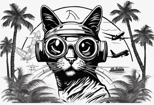 cat in a mask with palm trees and airplanes in the background tattoo idea