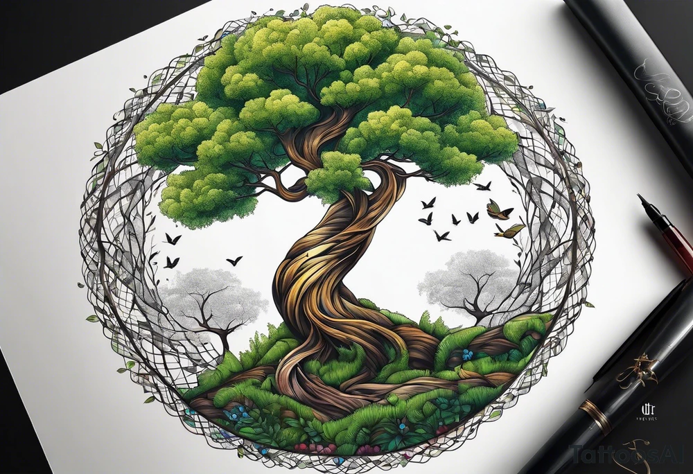 DNA helix embedded into the tree of life. The tree being a willow tree. tattoo idea