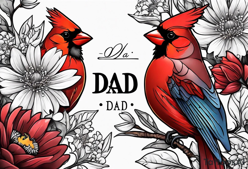 Aster flowers and sea rocket flowers with a cardinal around the words Dad tattoo idea