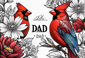 Aster flowers and sea rocket flowers with a cardinal around the words Dad tattoo idea