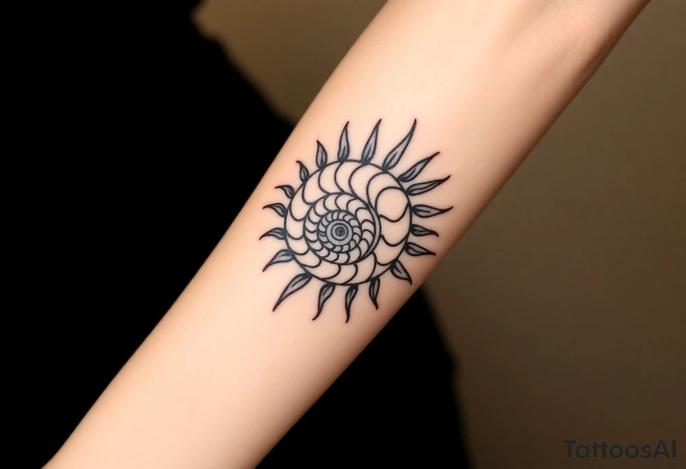 Fibonacci spiral shell inside of painted sun tattoo idea