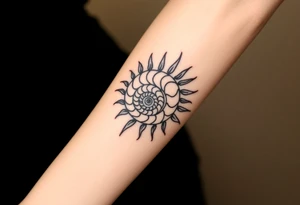 Fibonacci spiral shell inside of painted sun tattoo idea