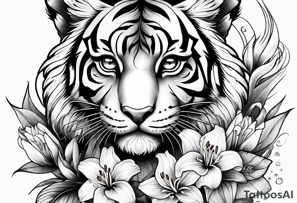 cute tiger with lily flowers tattoo idea