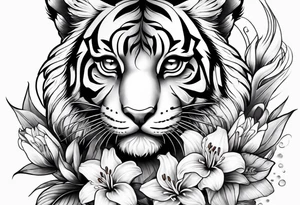 cute tiger with lily flowers tattoo idea