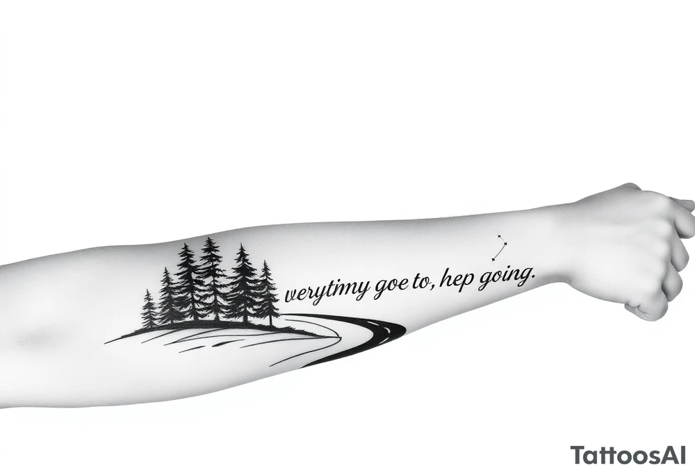Simple starry sky with Subaru logo as constellation 

Minimalist fir trees and a winding road.

The text "When everything goes to hell - keep going." written cleanly and clearly tattoo idea