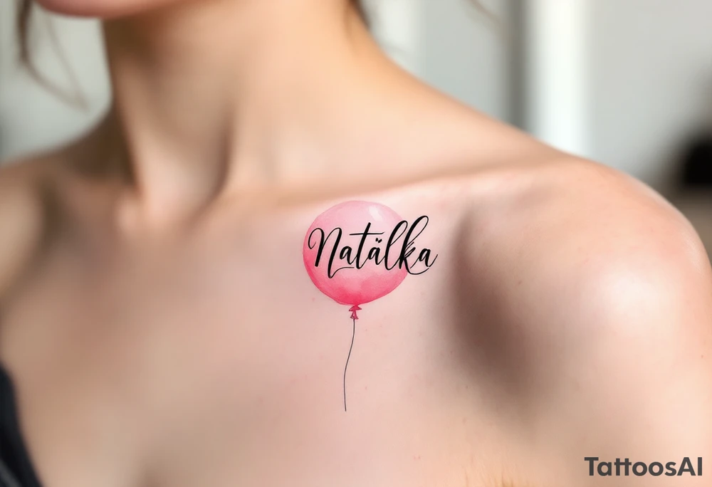 Natálka scripted across a blush pink balloon, floating upward. tattoo idea