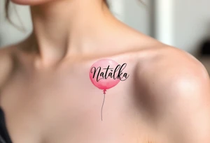 Natálka scripted across a blush pink balloon, floating upward. tattoo idea