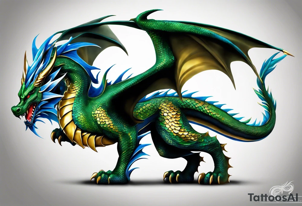 An epic dragon wraps around the calf, its body coiling dynamically, with scales and horns detailed to create a sense of movement and strength. The dragon features accents in green, blue, and gold, giving a vibrant depth and a mystical aura. This tattoo highlights the dragon’s fierce expression and sharp claws as it wraps protectively around the leg. Style: Realism tattoo idea