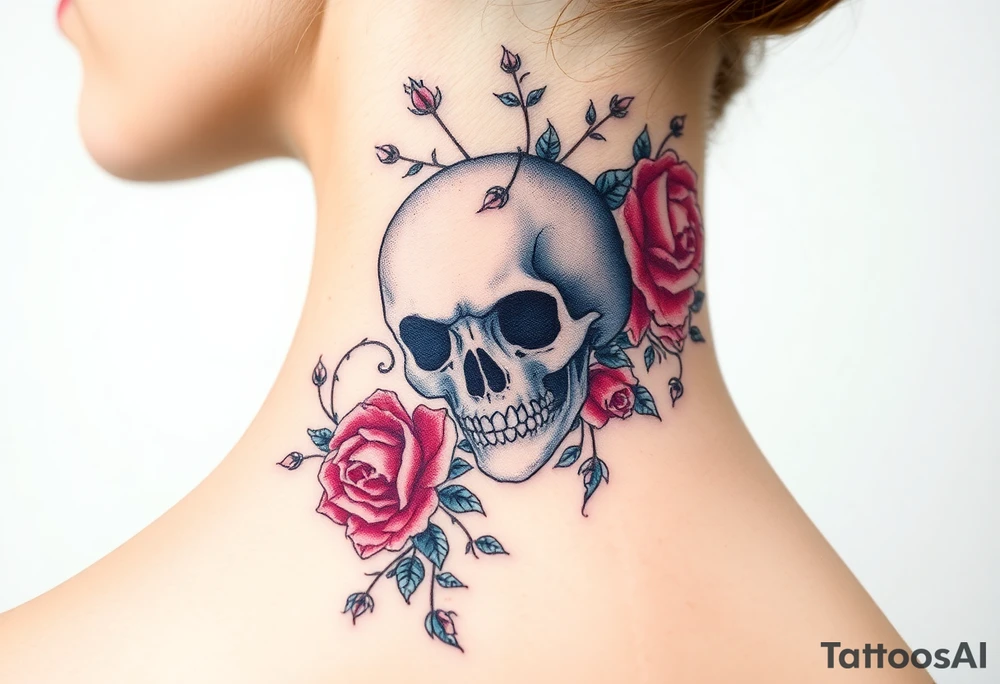 gothic skull intertwined with climbing roses and thorny vines tattoo idea