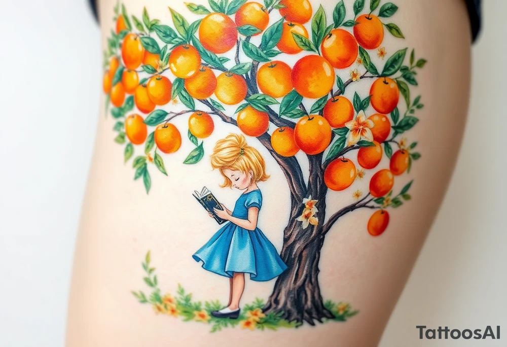 An orange tree with only a few oranges and full of flowers. Under the tree, a little blond girl wearing a blue dress while reading. 


. tattoo idea