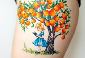 An orange tree with only a few oranges and full of flowers. Under the tree, a little blond girl wearing a blue dress while reading. 


. tattoo idea