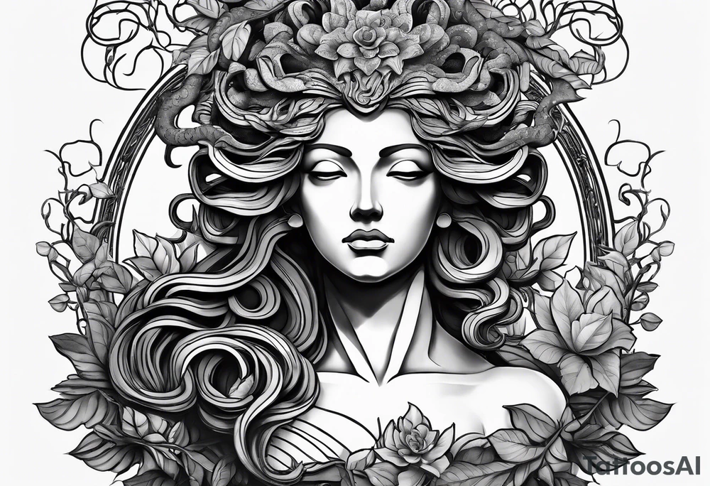 medusa sculpture bust with plants and cracks in sculpture. minimal artistic edgy tattoo idea