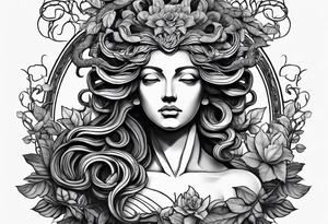 medusa sculpture bust with plants and cracks in sculpture. minimal artistic edgy tattoo idea