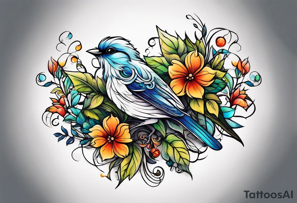 Whimsical birds and vines and leaves forearm tattoo idea