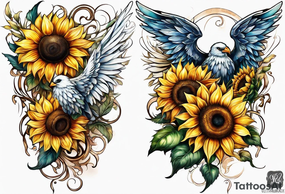 Sunflowers and angel wings leg sleeve tattoo idea