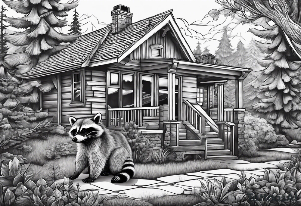 Very detailed Raccoon Husband with wife and child.
Background modern House between woods tattoo idea