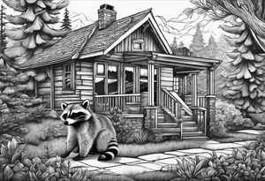 Very detailed Raccoon Husband with wife and child.
Background modern House between woods tattoo idea