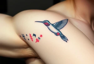 A hummingbird leaving a trail of glowing hieroglyphs as it flies(only red , blue and black are possible colors) tattoo idea