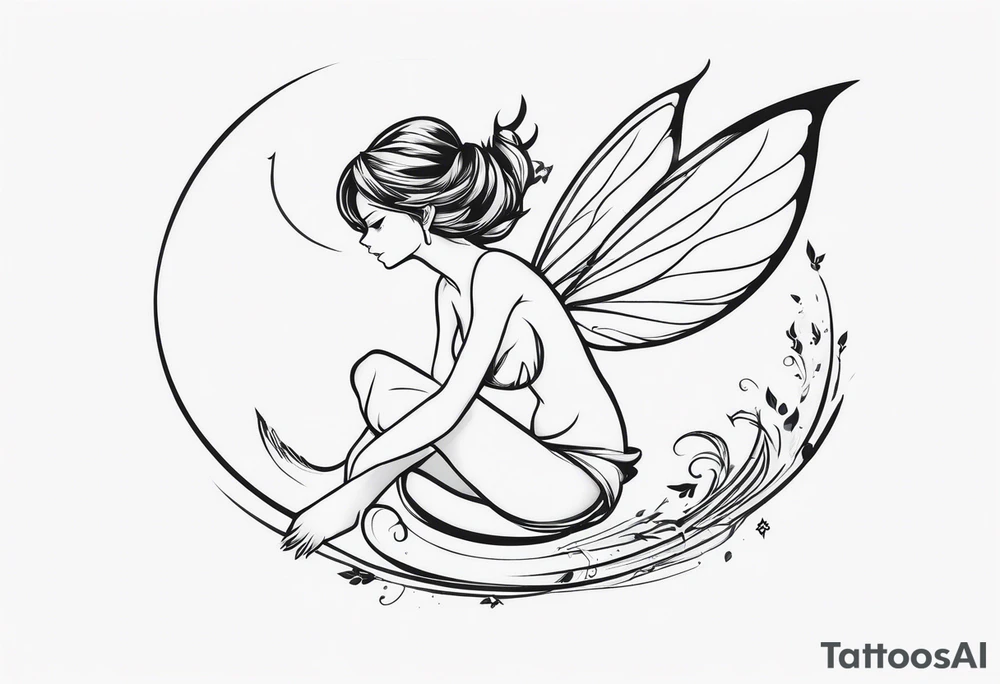 Minimalistic, monochromatic fairy with a tail flying to the left in a fetal position, leaning and looking in the same direction, with visible hands, embodying the 'Fairy Tail' logo aesthetic. tattoo idea