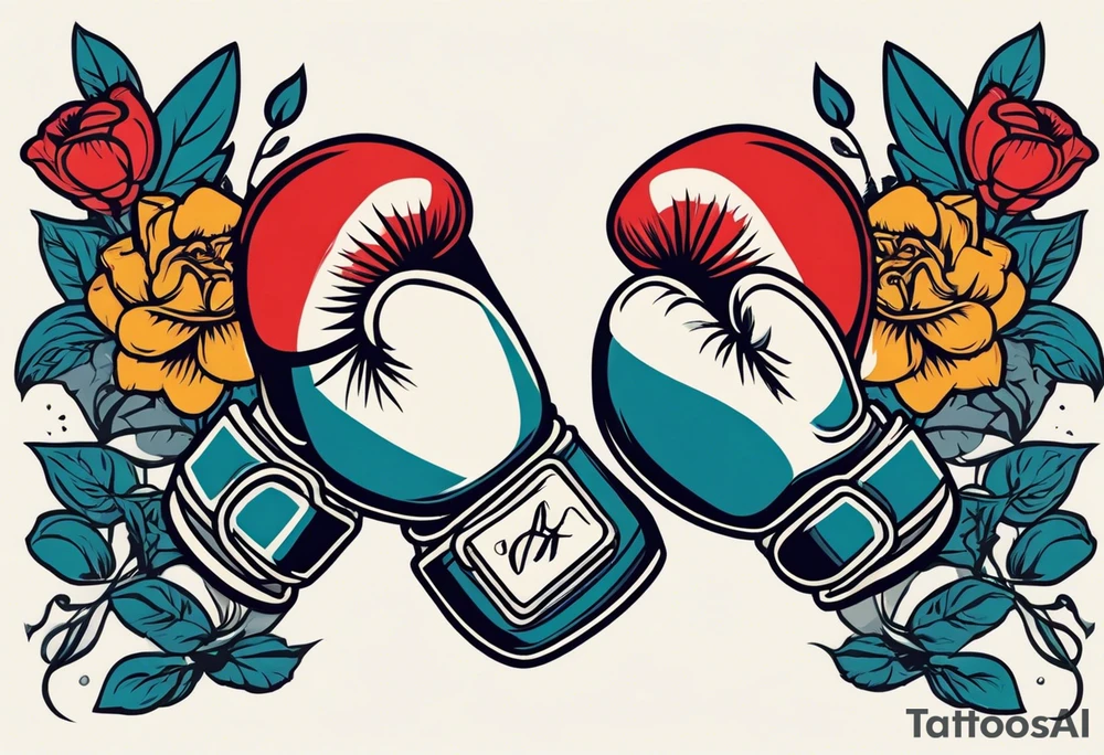boxing gloves and flowers bold colors traditional old school vintage tattoo idea