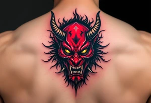 A fierce Hannya mask in deep red and black, with glowing yellow eyes and sharp horns. tattoo idea