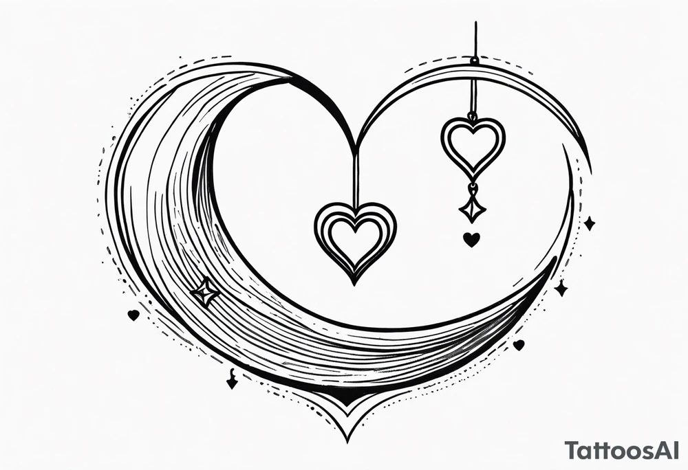 Crescent moon with a love heart inside it and 4 hearts dangling from it tattoo idea