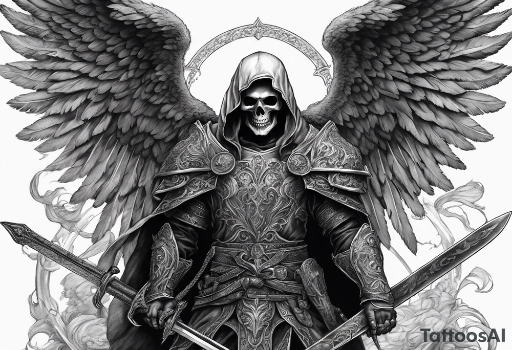 realistic angel of death, man, full body, no face visible, holding one sword, sword pointing downwards, skulls lying on the ground tattoo idea