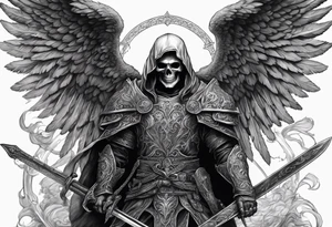 realistic angel of death, man, full body, no face visible, holding one sword, sword pointing downwards, skulls lying on the ground tattoo idea