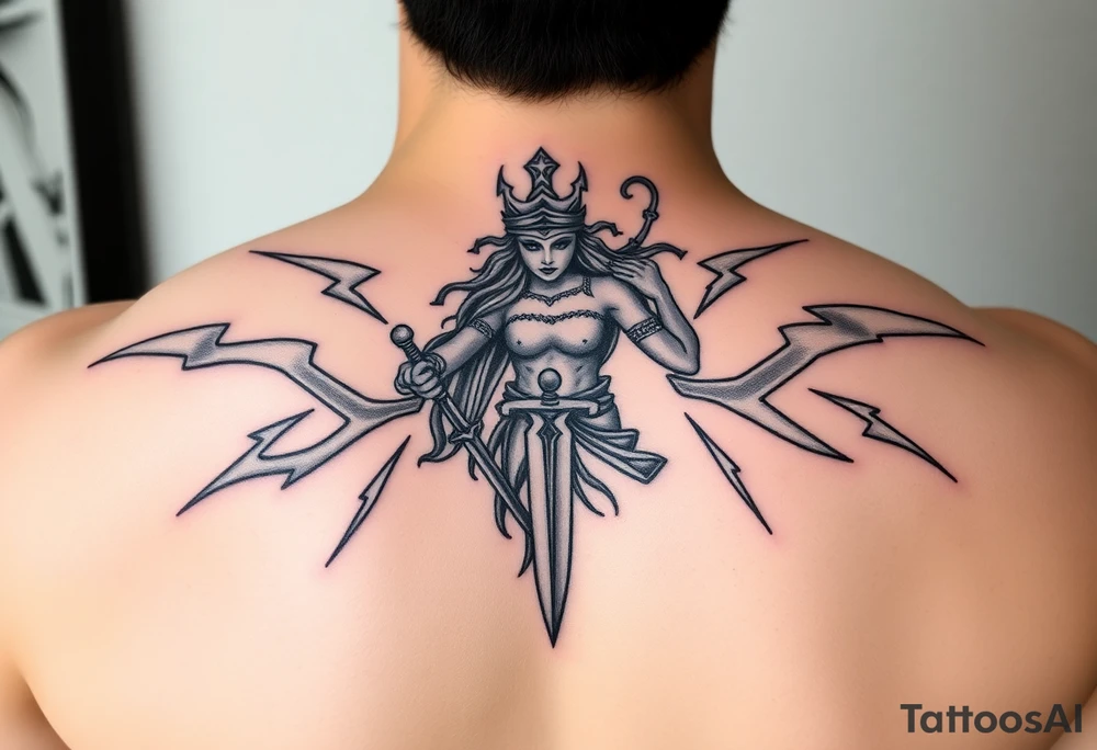 Greek goddess warrior with dagger and realistic lighting bolts going around body Greek mythology style with dark shading tattoo idea