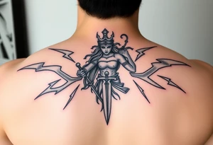 Greek goddess warrior with dagger and realistic lighting bolts going around body Greek mythology style with dark shading tattoo idea