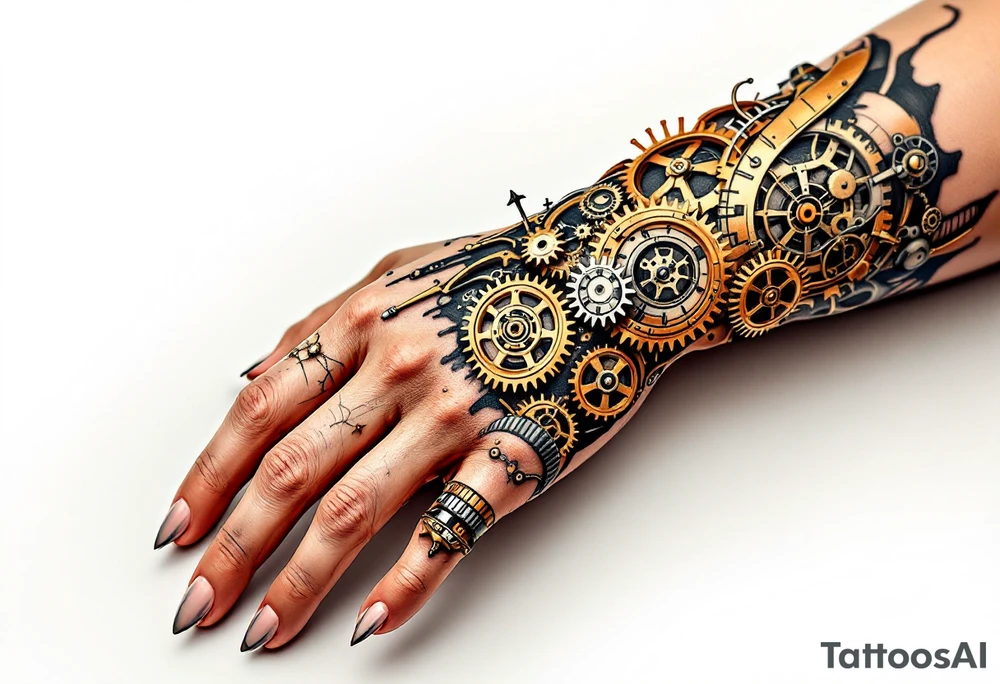 A steampunk-inspired hand tattoo in bronze, copper, and rust tones with exposed gears and clockwork intricacies. tattoo idea